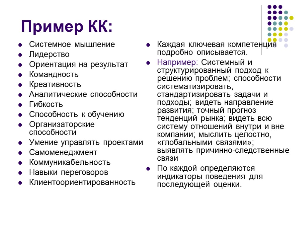 Пример КК: Системное мышление Лидерство Ориентация на результат Командность Креативность Аналитические способности Гибкость Способность